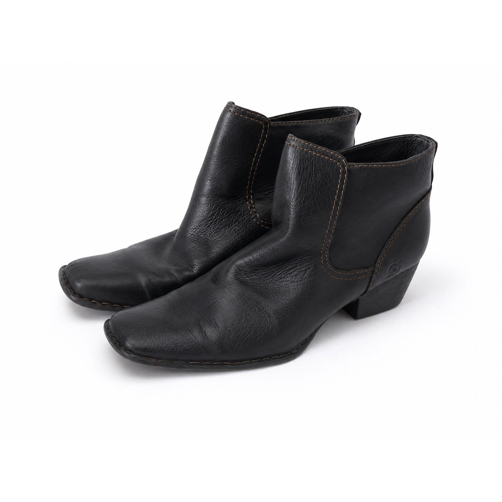 Born Black Leather Square Toe Ankle Boots Block Heel women's 9 40.5 western